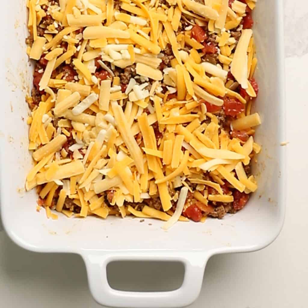 keto taco casserole ready for the oven