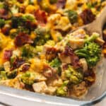 a casserole dish with a bacon and broccoli casserole