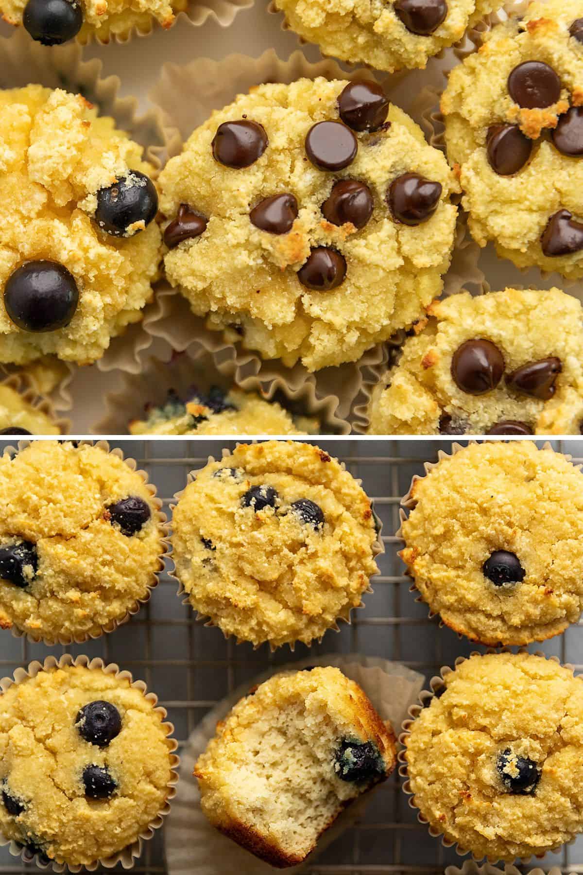 a collage of chocolate chip and blueberry keto muffins