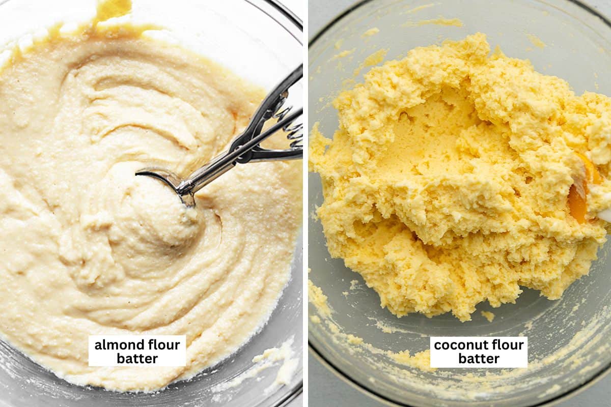 a diagram showing the difference between the coconut flour and almond flour batters for keto muffins.