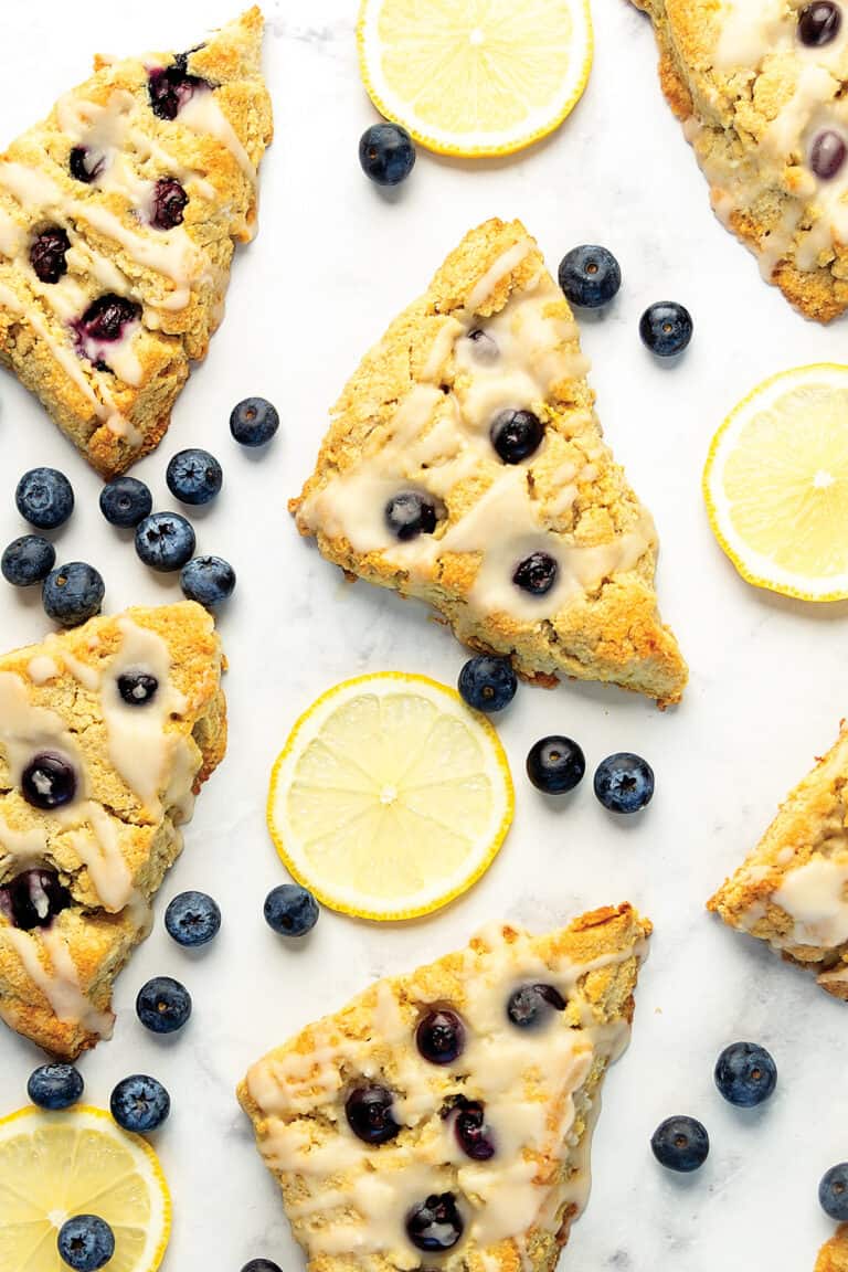 keto lemon blueberry scones on white background