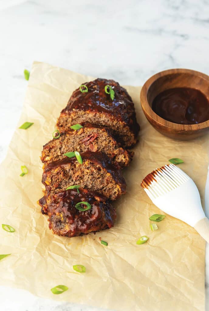 bacon cheeseburger meatloaf on parchment paper