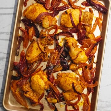 Chicken shawarma on a sheet pan