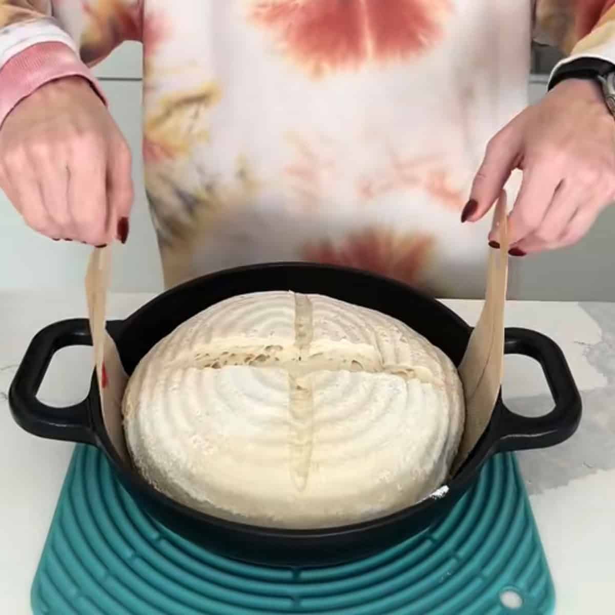 placing a loaf of sourdough bread in a dutch oven.
