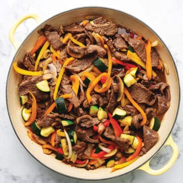 teriyaki beef stir fry in a large skillet