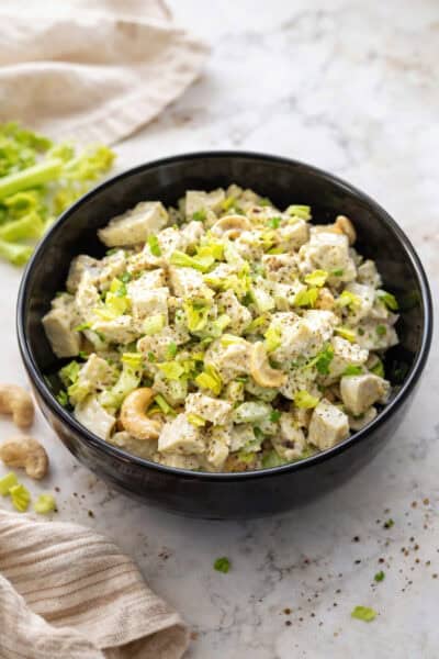 high protein chicken salad in a blue bowl