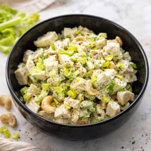 high protein chicken salad in a blue bowl