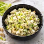 greek yogurt chicken salad in a blue bowl