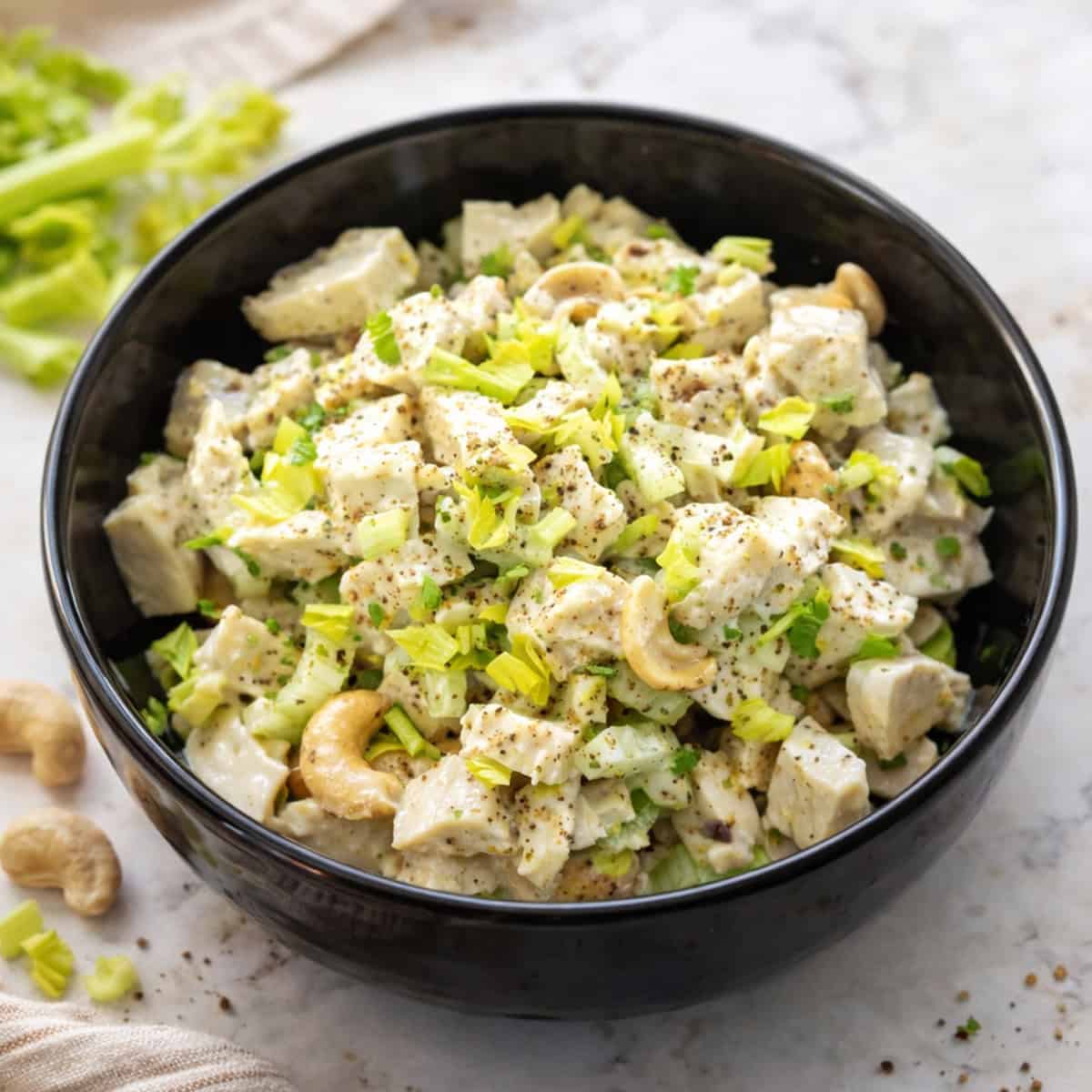 greek yogurt chicken salad in a blue bowl