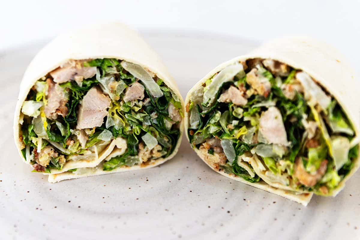 close up of chicken caesar wrap