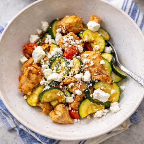 chicken and zucchini skillet meal in a bowl