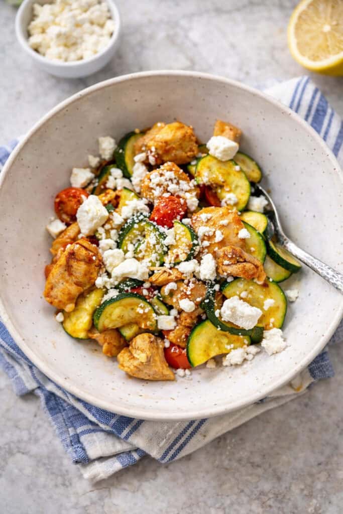 chicken and zucchini skillet meal in a bowl