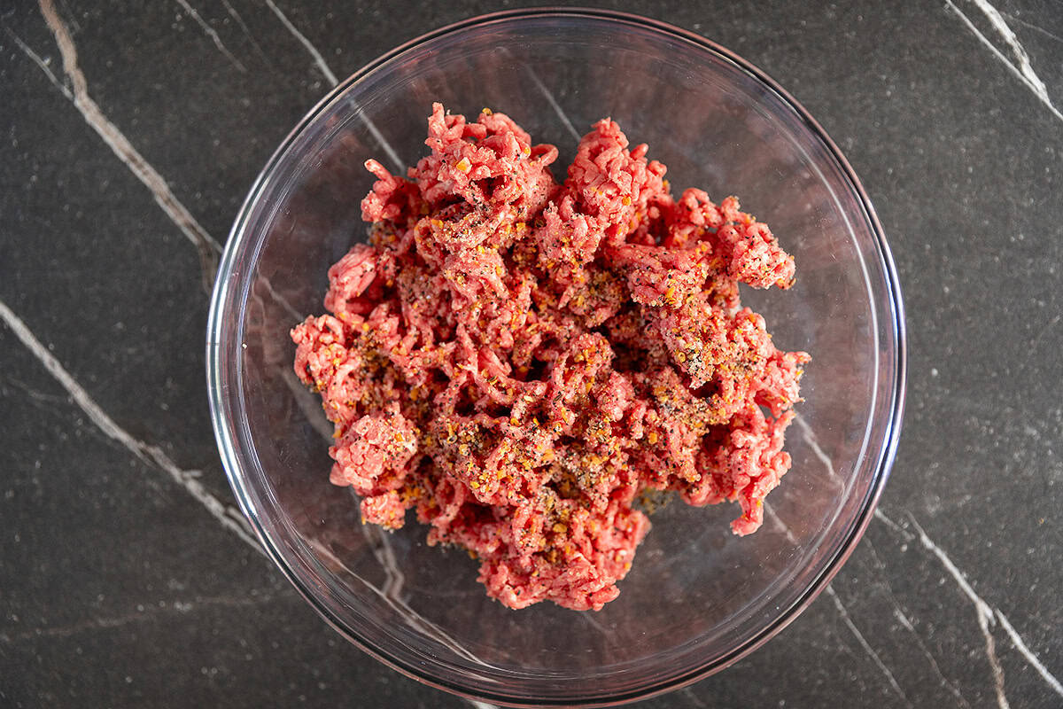 ground beef seasoned with Montreal steak seasoning for air fryer burgers