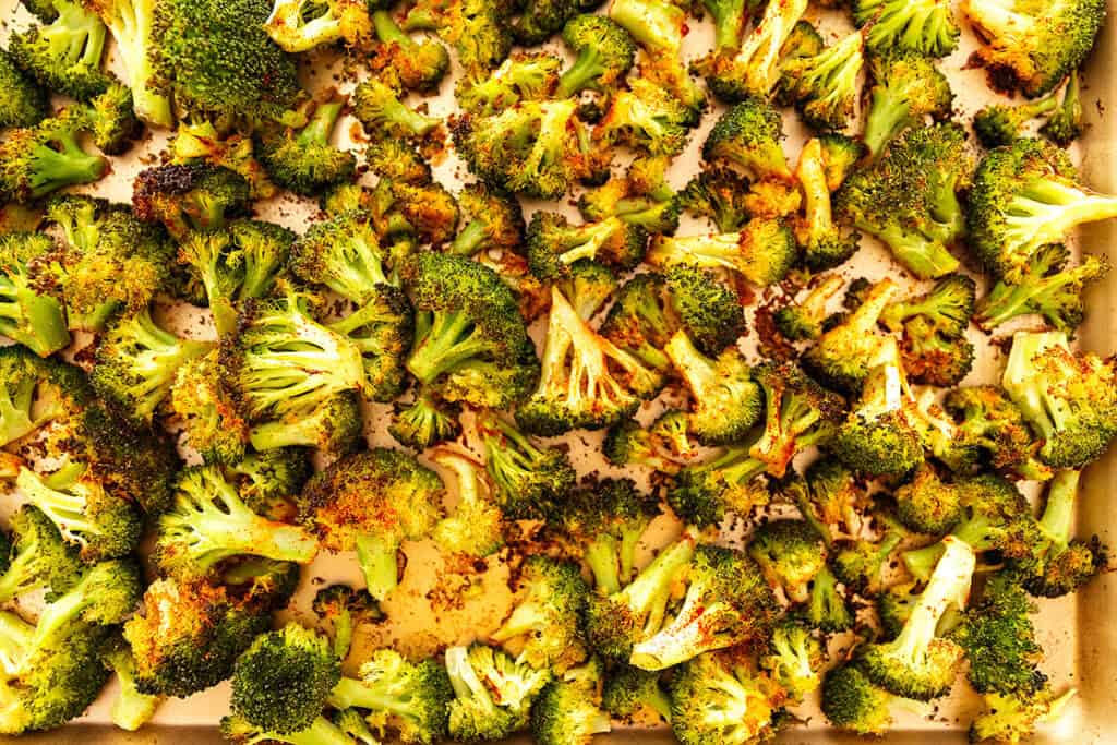 oven roasted broccoli on a sheet tray