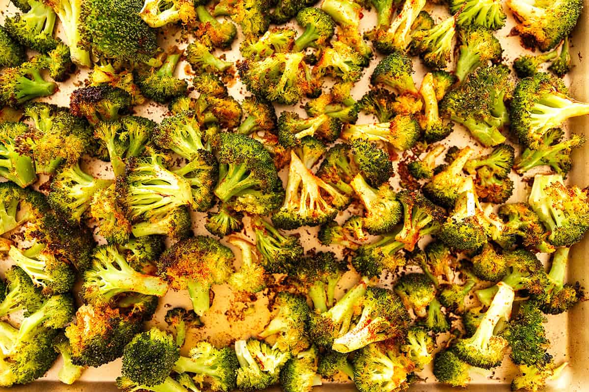 oven roasted broccoli on a sheet tray