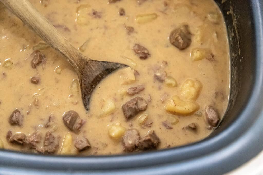 creamy beef stew in a slow cooker